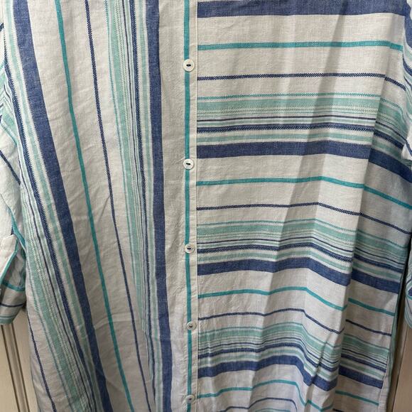 Foxcroft Shirt Womens 14W White Blue Striped Button Up Linen Blend Button Accent - Picture 5 of 7